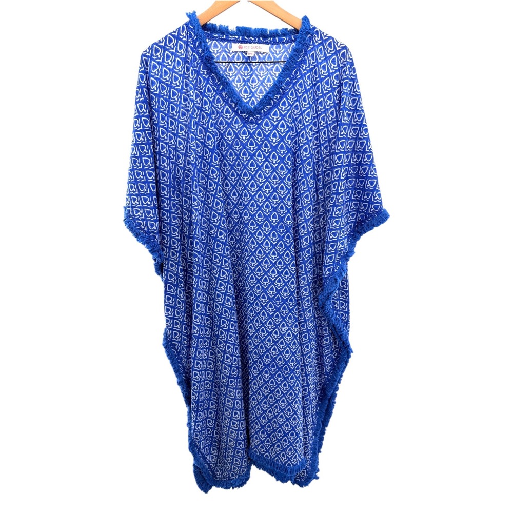 Ros Garden Blue Cotton Block Print Fringe Kaftan Cover Up Poncho Dress OS